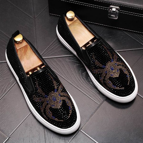 

fashion designer mens black casual shoes round toe slip on rhinestone charm spider pattern loafer shoes man size 38-43