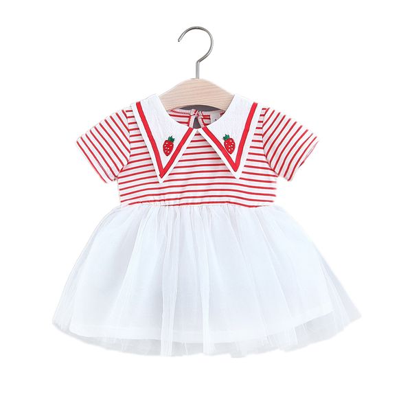 

summer baby girl dresses striped strawberry short sleeve casual cotton mesh dress princess kids clothing dropshipping, Red;yellow