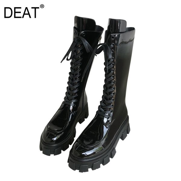 

deat] 2019 round toe bandage personality patent leather single shoes women long boots new spring autumn fashion tide 10d844, Black