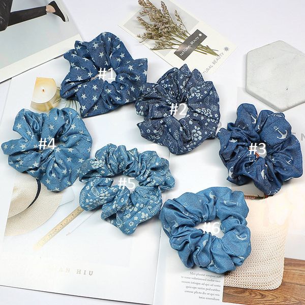 

6color women girl denim color anchor floral tar cloth ela tic ring hair tie acce orie ponytail holder hairband rubber band crunchie