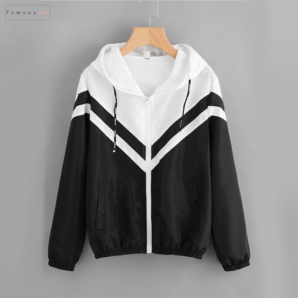 

two tone hooded jacket zip up spring autumn female casual color block clothing black and white sporty coat, Black;brown