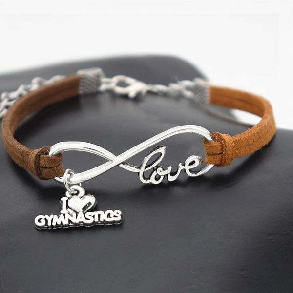 

2019 women men infinity love gymnastics sports pendant charm jewelry dark brown leather suede rope adjustment cuff bracelets & bangles gifts, Golden;silver