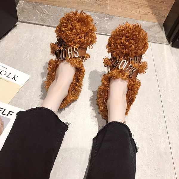 

shoes women fur flats loafers metal decoration round toe shoes ladies warm winter slip on furry slides plus size, Black