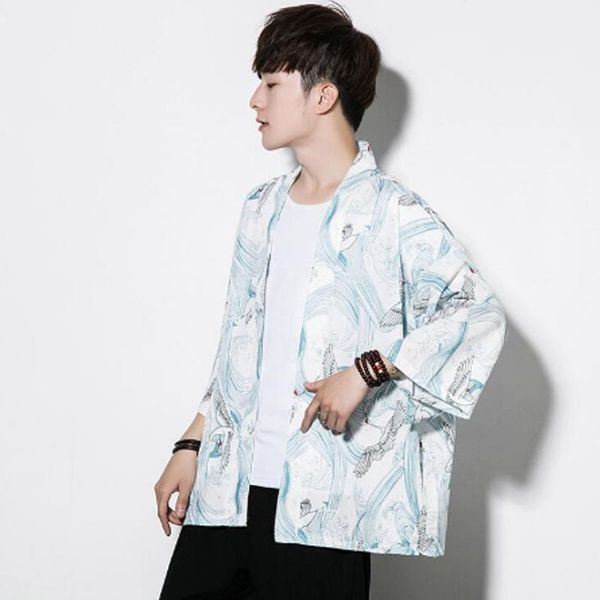 

2019 homens homens camisa yukata japonês kimono cardigan traje samurai do vintage jaqueta casual solta kimono mujer, Tan;black
