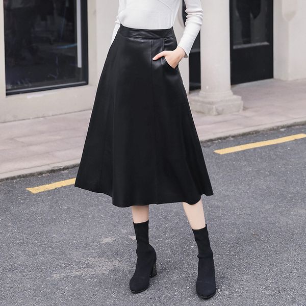 

women luxury sheepskin mid long a-line real leather skirt elegant female genuine leather skirt with zipper plus size 2xl, Black