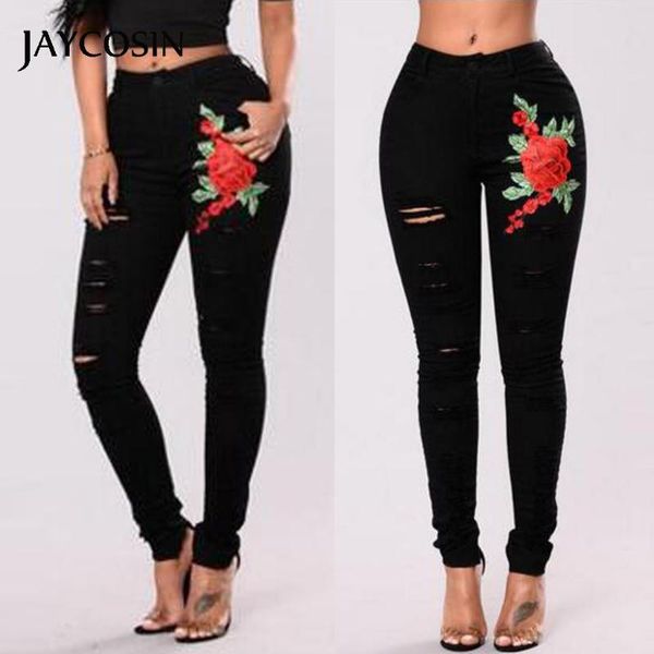 

jaycosin jeans plus size embroidered pocket hole denim button zipper pencil pants skinny stretch cowboy slim trousers for women, Blue