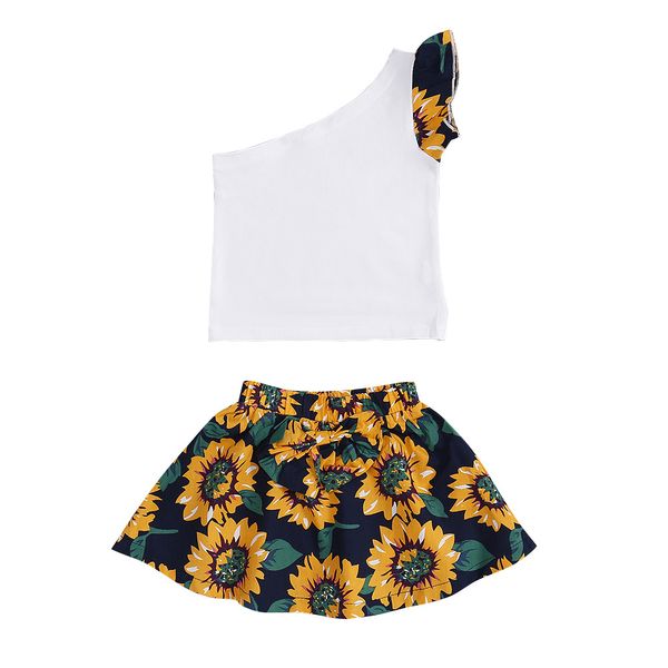 

2021 kids clothes girls summer sleeveless t shirt + bow sunflower dress 2pcs outfit kids clothing set 1-5t, White