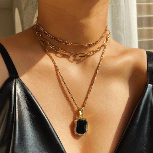 

shixin 3 pcs/set black crystal pendant necklace for women multi layered chain choker necklaces 2020 fashion jewelry female gifts, Silver