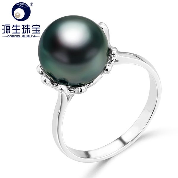 

ys] 10-11mm natural black tahitian cultured pearl ring 925 sterlng silver pearl ring, Golden;silver
