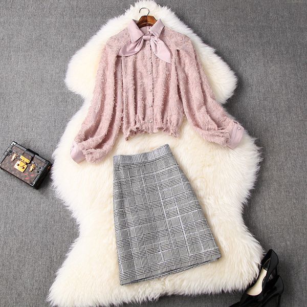 

new european and american women's dresses for spring 2020 long-sleeved bow-tied flocking shirt drill plaid skirt suit, White