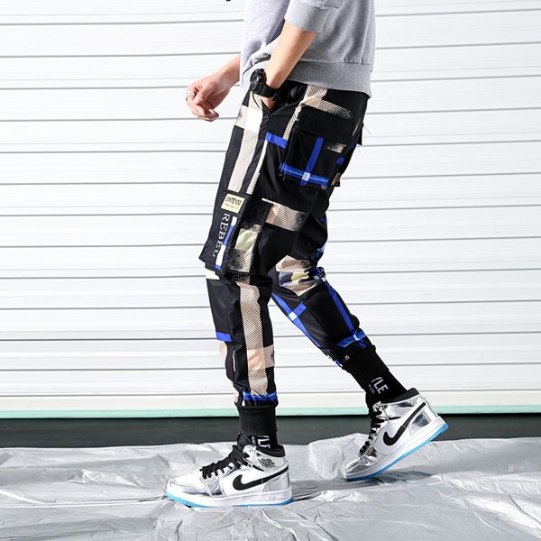 

men's side pockets printed cargo pants 2019 hip hop casual joggers harem trousers male fashion print streetwear pant wa89, Black