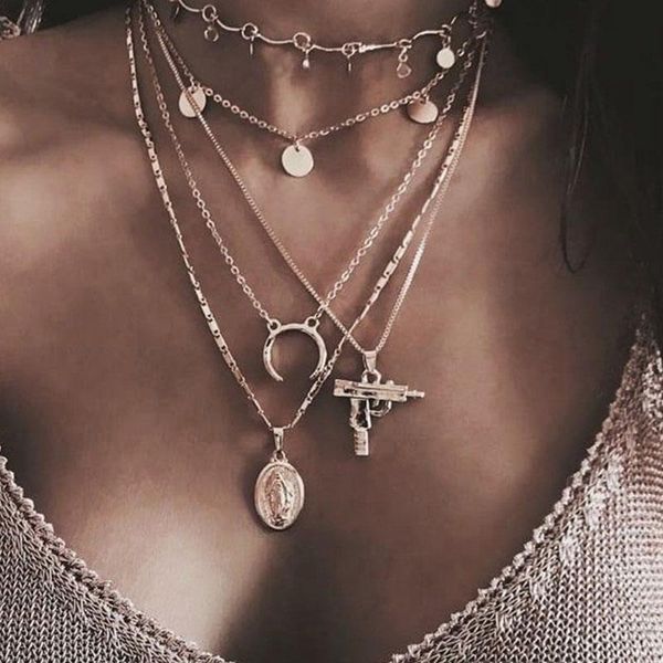 

lismlism gun personalized girl necklaces moon jewelry lovers silver color bohemia round necklace multilayer chain women collier