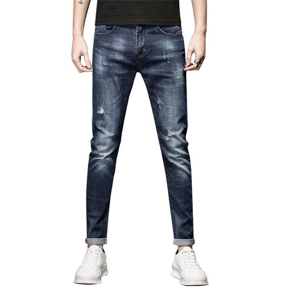 

male jeans stretch destroyed ripped skinny trousers for men slim fit hiphop denim blue distressed biker jeans,yy1902