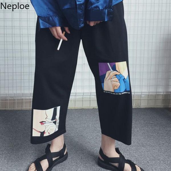 

neploe loose japanese streetwear wide leg pants cartoon graphic print trousers 2019 summer prepple style straight pants 38485, Black;white