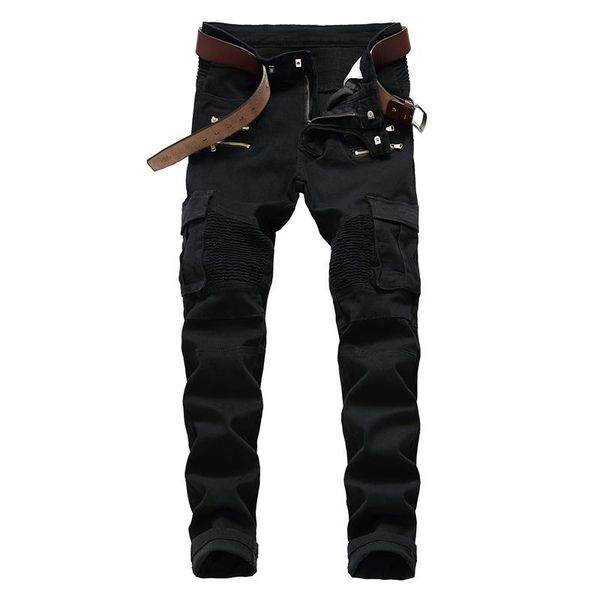 

men's jeans motorcycle denim casual black trousers zip decorative pocket fold cool solid color men's stretch pants, Blue