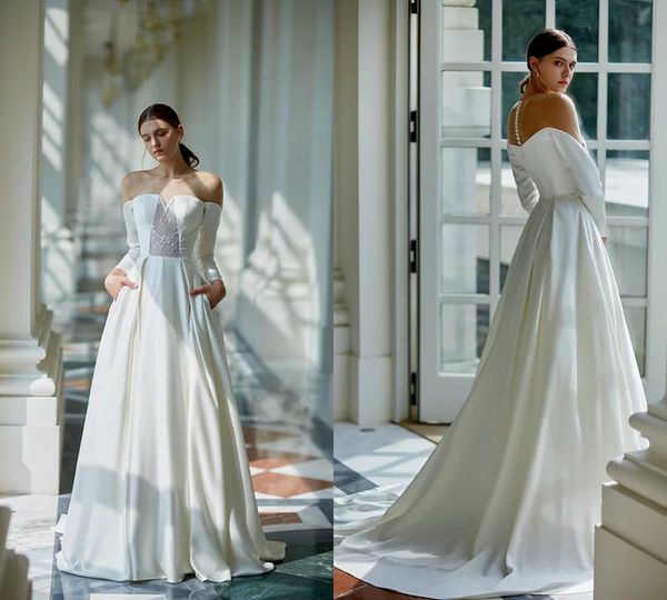 

2019 elegant simple wedding dresses off the shoulder a line sweep train satin long sleeve beach wedding dress custom made bridal gowns, White