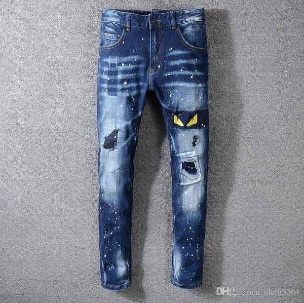 

brand new мужские джинсы проблемные ripped байкер джинсы slim fit мотоцикл байкер джинсы 2019 мода designe брюки, Blue