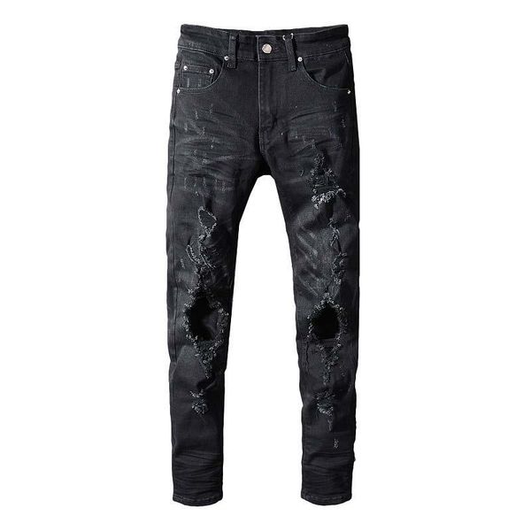 

european and american high street coconut tree purple blue gradient color hole leaky slim feet elastic summer jeans men