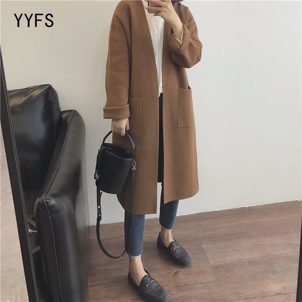 

2018 autumn and winter brief woolen coat women cardigan woolen coat student long sleeve windbreaker cardigan camel, Black