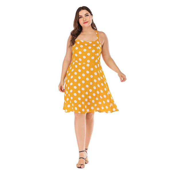 

new fashion back cross design classic polka dot yellow color vest dress plus size women's summer clothing 4xl for fat women, Black;gray