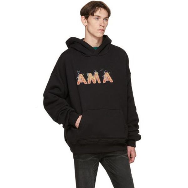 

am1r1 logo flame printed hoodie pullover sweatshirt men women hoodies sweater street hooded long sleeve autumn winter outwear hfymwy302, Black