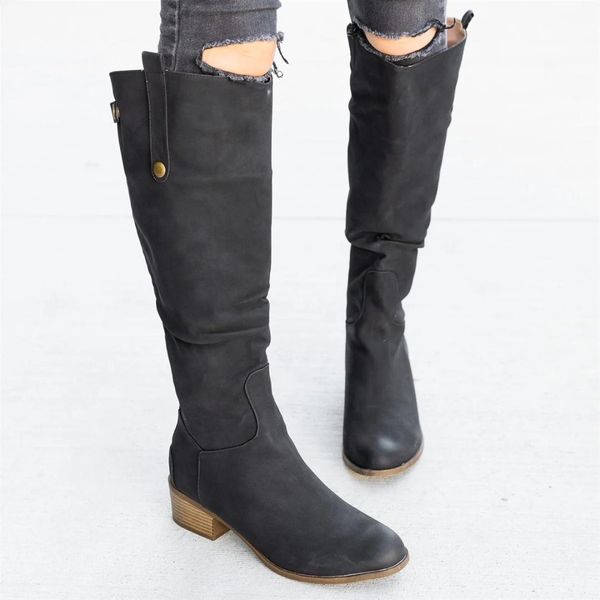 

puimentiua boots women knees high pu leather suede matte boots slip on zapatos de mujer solid riding winter shoes botas mujer, Black