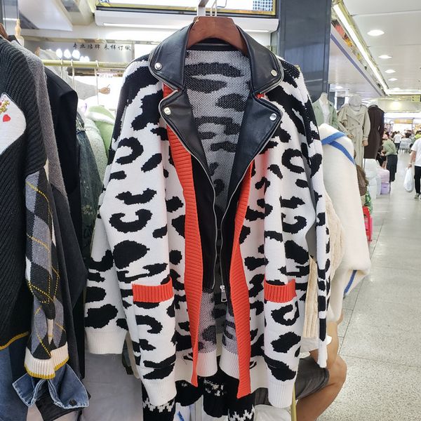 

ewq] 2019 autumn winter new double-layer fake two fashion trend ladies leopard coats korea large size knit leather jacket ql225, Black;brown