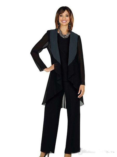 

2019 Fashionable Black Chiffon Mother of the Bride Suits Plus Size Cheap Three Pieces Mother of Bride Groom Pant Suit for Wedding Pant Suit