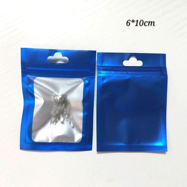 100 pcs 6 * 10 cm azul mylar zipper zipper presentes embalagem sacos, saco de embalagem de armazenamento de presente envernizado matte com janela clara, malotas de fone de ouvido