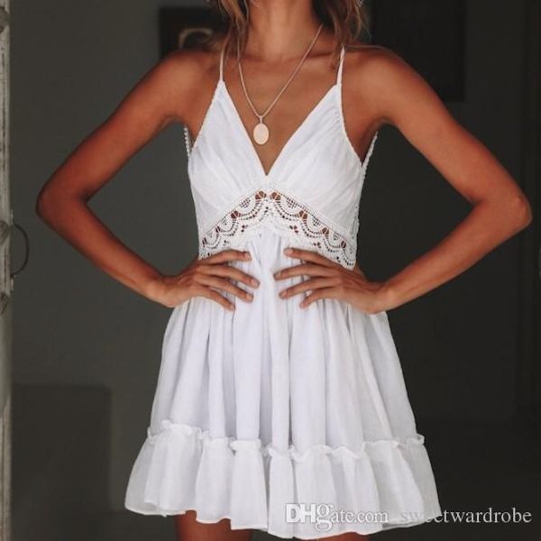 

2019 женская одежда sexy backless кружевном платье ремень v-образным вырезом отдыха мини платье ruffles рукавов летнее платье пляж boho одея, Black;gray