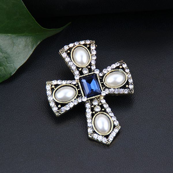 

cultured pearl cz cross brooch women men jewelry crystal broche de mujer vintage pins metal kpop, Gray