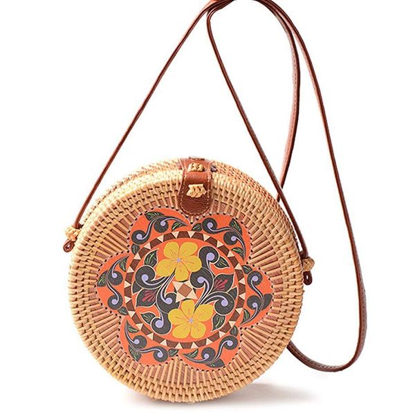 

handwoven round rattan bag with beautiful print handmade beach crossbody bag fashion shoulder leather strap bali purse for women