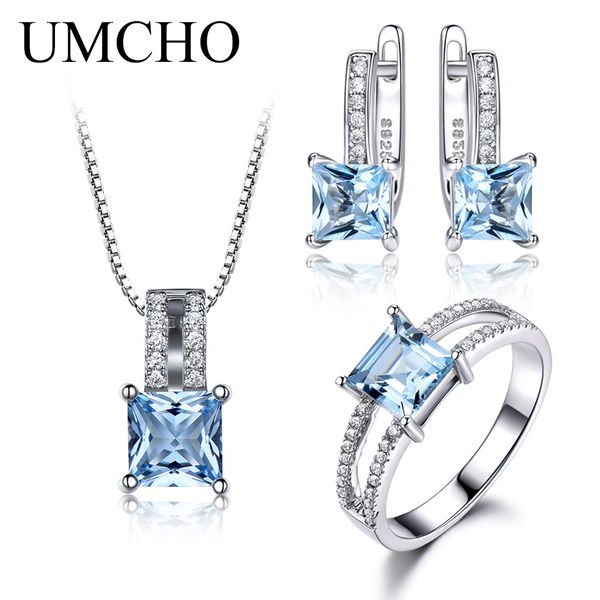 

umcho 925 sterling silver jewelry set nano aquamarine sky blue z ring pendant stud earrings necklace for women fine jewelry, Black