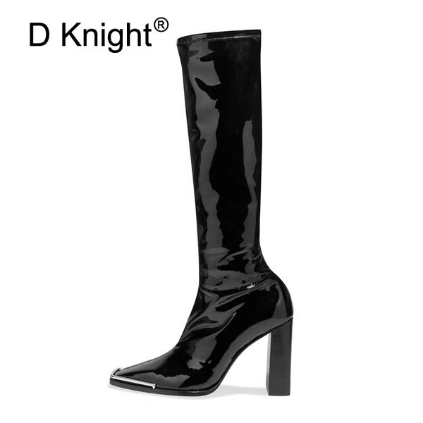 

square toe high-heeled women knee high boots 2020 winter new punk thick heel patent leather short plush riding boots shoes woman, Black