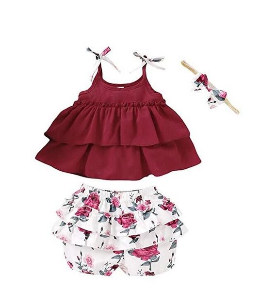 

clothing sets little girls wine red sling ruffle vest + floral tutu shorts pants two-piece toddler kids summer fashion outfits set, White