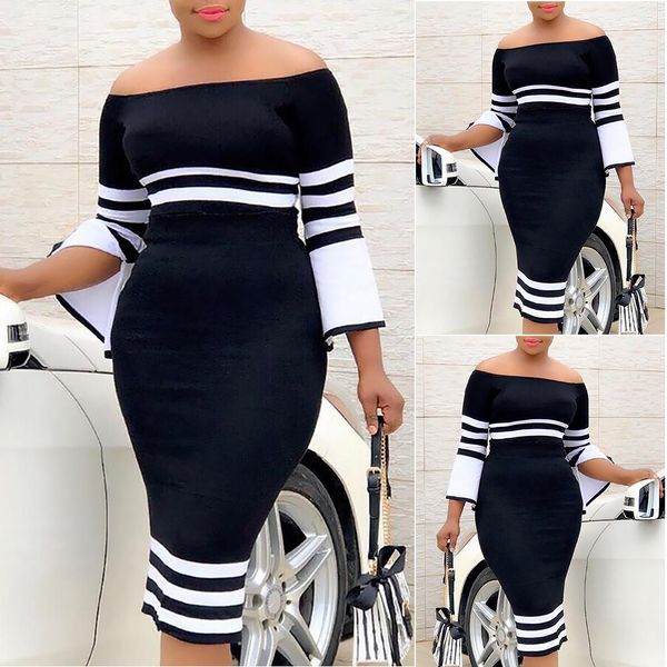 

women's and charming off shoulder bodycon dresses bell sleeve striped party evening casual dress new fashionable, Black;gray