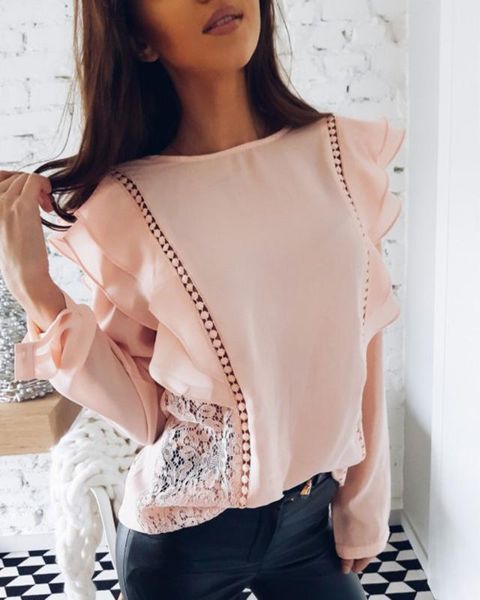 

женщины кружева шифон блуза топ flare рукавом элегантная мода o-образным вырезом рубашки весна лето aututmn новое прибытие большой размер ho, White