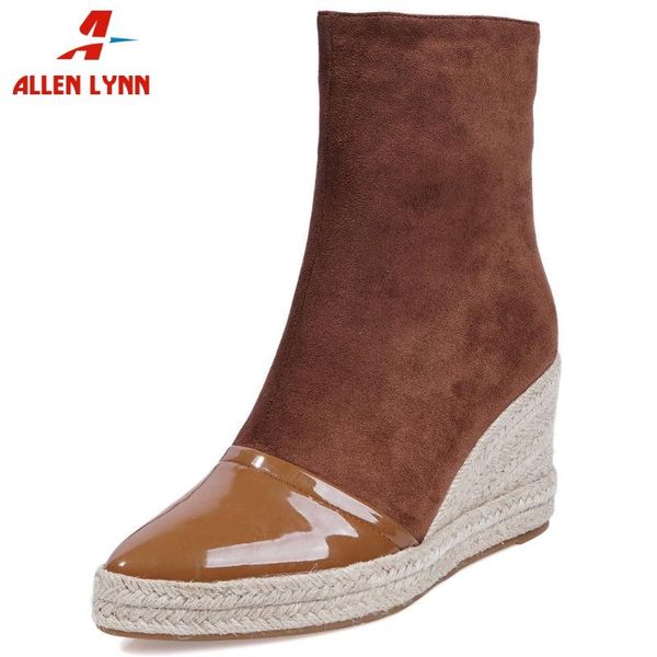 

allen cool patchwork high wedges shoes woman street fashion patent pu ankle boots women fashion elegant straw soles boots, Black