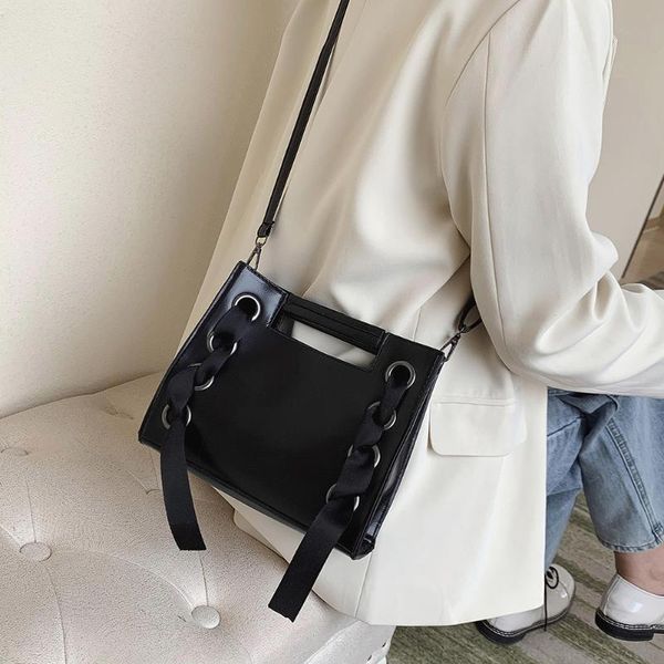 

creative pu leather crossbody bags women solid splicing ribbon elegant shoulder messenger handbags ladies shopping bags