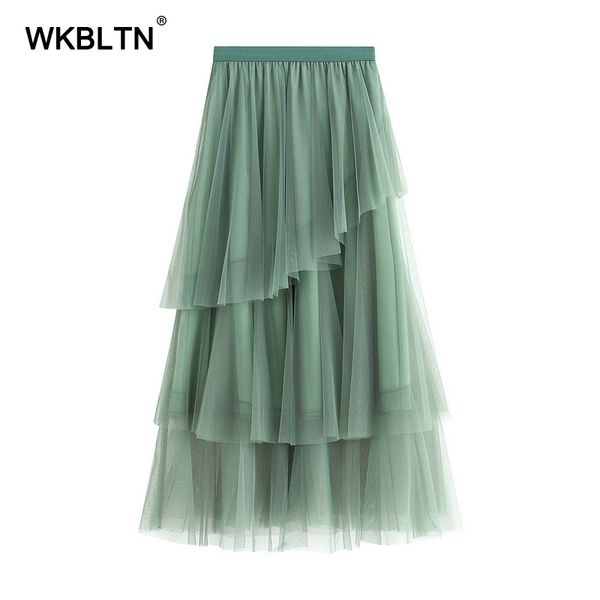 

solid high waist pleated skirts multilayer mesh patchwork half length elastic skirt women 2020 spring summer vintage midi skirt, Black