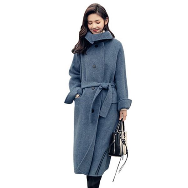 

2019 fashion new autumn winter women casual single breasted belt wool blend long coat female warm thick woolen jacket casaco j38, Black