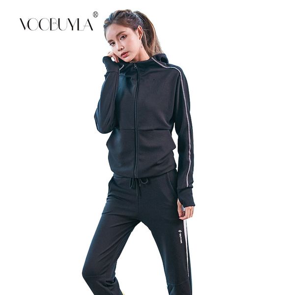 

voobuyla 2 piece fitness set women sport suits long sleeve hooded running sets sweat pants jogging suit women jogging sets, Black;blue