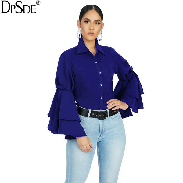 

dpsde black blue vocation women full lotus leaf sleeves streetwear elegant turn down collaar 2020 autumm show thin top, White