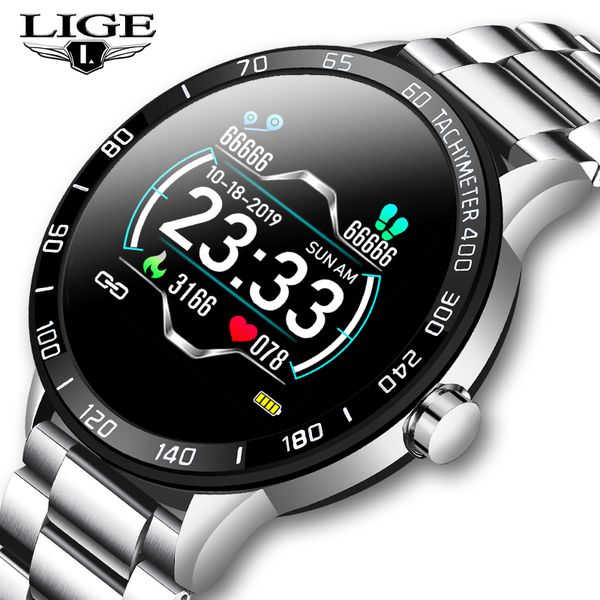 

lige new steel belt smart watch men heart rate blood pressure health monitoring sport waterproof smartwatch fitness tracker+box, Slivery;brown