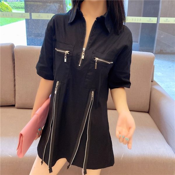 

2020 summer new hong kong flavor short-sleeved casual tooling shirt loose zipper mid-length white shirt dress women, White;black