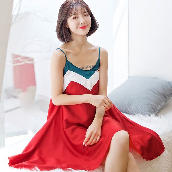 

spaghetti strap sleeping dress women lingerie striped silk nightdress sleeveless o neck mini nightgown sleepwear homewear, Black;red