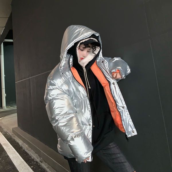 

fashion women winter silver down cotton jacket new fashion glossy big hooded thick shiny loose black warm parkas lady streetwear