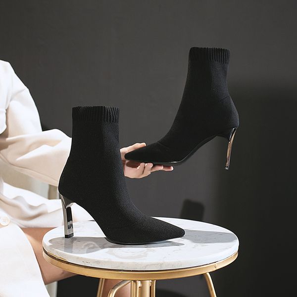 

sock boots women fashion 2019 high heel shoes ankle booties black slip thin heels shoes woman ladies party boot