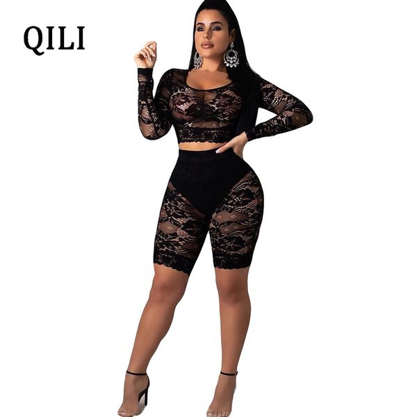 

qili see through lace jumpsuit rompers women long sleeve 2 piece rompers playsuits nightclub wear pants white black, Black;white