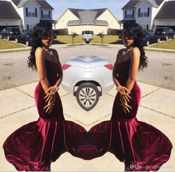 

бордовый бархат 2019 длинные платья выпускного вечера русалка без бретелек длина пола складки вечерние платья вечерние платья свадебные плат, Black;red